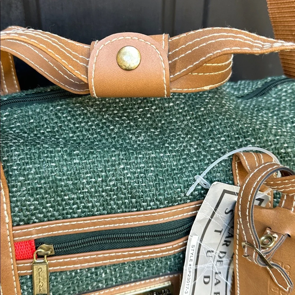 Oscar de La Renta Studio small duffel green tweed with tan straps & luggage tag
